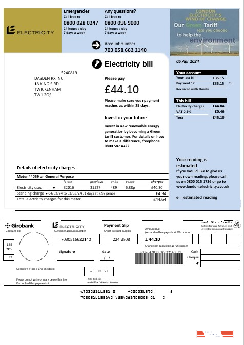 United Kingdom Electricity business utility bill template in Word and PDF formats